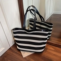 Klassieke zwart-wit gestreepte geweven tote bag met leren handvatten voor woon-werk - Zwart