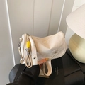 Chic cream-colored wrinkled leather shoulder bag with wide strap and designer logo - Light Khaki