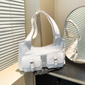 White faux leather hobo shoulder bag with double buckle pockets and wide strap - White