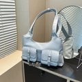 Chic light blue faux leather underarm bag with double flap pockets and silver buckles - Blue