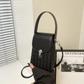 Elegant black mini square bag with woven texture, metal lock, and detachable strap - Black