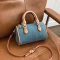 Mini vintage blue denim pillow bag with tan leather handles and adjustable shoulder strap - Khaki