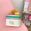 Cute house-shaped cream canvas makeup bag with yellow handle and blue details - White