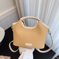 Borsa a mano beige in tessuto con finiture in pelle crema e tracolla rimovibile - Bianco Sporco
