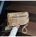 Retro khaki canvas messenger bag with multiple zip pockets and wide strap for women - Brown