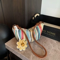 Rainbow woven straw crescent bag with brown leather strap and sunflower charm - Multicolor With Charm