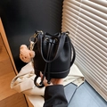 Chic black litchi pattern bucket bag with a cute light brown plush bear charm - Black with Pendant