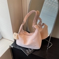 Pink nylon crossbody dumpling bag with cute animal embroidery and plush cat charm - Pink with Pendant