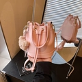 Pink PU leather bucket bag with drawstring and cute brown plush bear charm - Pink with Pendant