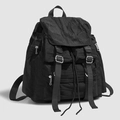 Zaino grande in nylon nero con trama stropicciata e design multi-tasca funzionale - Nero