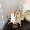 Two-tone drawstring bucket bag in khaki and white with cute plush bear charm - White and Khaki with Pendant