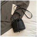 Chic black lychee leather bucket bag with white contrast stitching and gold hardware - Black without Pendant