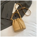 Minimalist cream drawstring bucket bag in pebble leather with adjustable shoulder strap - Khaki (No Pendant)