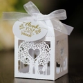Laser-cut white wedding favor box with love tree heart design and silk ribbon bow - White