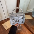 Silver satin handbag with metallic butterfly appliques and round handle for women - Silver