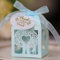 Light blue laser-cut wedding favor box with heart tree pattern and thank you tag - Pearl Pale Blue