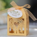 Detailed laser-cut tree design on hollow candy gift box with gold ribbon and thank you tag - Gold