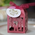 Detail of red laser-cut wedding candy box with heart tree pattern and thank you tag - Dark Red