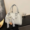 Light grey litchi grain Boston bag with white lace bow and pearl handle details - Blue