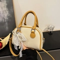 Chic cream litchi pattern Boston bag with camel straps and lace pearl bow charm - Apricot
