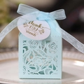 Dettaglio della scatola regalo blu tagliata al laser con motivi floreali e etichetta - Blu Chiaro Perlato
