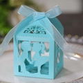 Sky blue laser cut hollow gift box with boy and girl silhouette and organza ribbon - Tiffany Blue