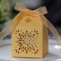 Makroaufnahme der goldenen Geschenkbox mit lasergeschnittenen Schneeflocken und Schleife - Gold