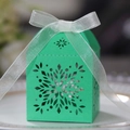 Detailed laser-cut snowflake mint green candy box with white organza ribbon bow decoration - Dark Green (Ivory Ribbon)