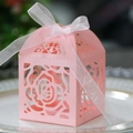 Detailed laser-cut rose pattern on pink pearlescent gift box with white organza ribbon - Pink