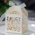 Elegant ivory laser-cut rose candy box with ribbon for wedding party favors - Jewelry Cream Star