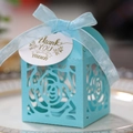 Detail of light blue laser-cut rose gift box with silk ribbon and thank you tag - Tiffany Blue