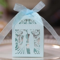 Detail of laser-cut light blue wedding candy box with heart and leaf patterns and ribbon - Pearl Pale Blue