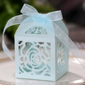 Detail of light blue laser-cut rose candy box with elegant organza ribbon and pearl finish - Pearl Pale Blue