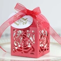 Macro shot of red laser-cut rose gift box with silk ribbon and Thank You tag - Pearlescent Red