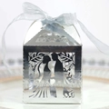 Detailed silver laser-cut wedding candy box with bride and groom motif and blue ribbon - Double-Sided Reflective Silver