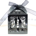 Detail of laser-cut black wedding favor box featuring bride and groom silhouette - Reflective Black