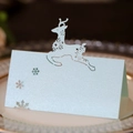 Close-up of laser-cut light blue pearlescent paper place card with reindeer and snowflake - Pearl Pale Blue