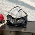 Minimalist black patent leather dumpling bag with stylish silver rivet shoulder strap - Black