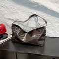 Minimalist large capacity underarm bag in dark brown glossy patent leather with rivets - Brown