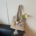 Beige knitted tote bag with colorful 3D flowers and crochet texture for women - Khaki