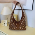 Brown leather punk hobo bag with silver metallic eyelets and studded rock details - Brown