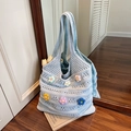 Light blue handmade knit tote bag with colorful crochet floral patches for women - Blue