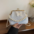 Light blue pearl handbag with vintage metal clasp and elegant butterfly embroidery - Blue