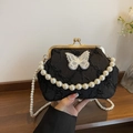 Elegant black pleated evening bag with white butterfly embroidery and pearl straps - Black