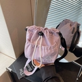Light purple drawstring bucket bag with white cat embroidery and adjustable strap - Purple