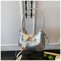 Silver metallic crescent handbag with lace bow and pearl heart charm detail - Silver (With Pendant)
