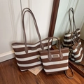 Brown and white striped woven tote bag and crossbody set with synthetic leather handles - Coffee Large