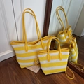 Striped woven tote bag set in yellow and white mesh with leather straps - Yellow Large