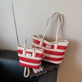 Two-piece red and white striped knit tote bag set with casual bucket bag and woven design - Wine Red Large