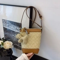 Chic beige and brown canvas bucket bag with KMKA monogram and cute dog charm - Khaki & Brown